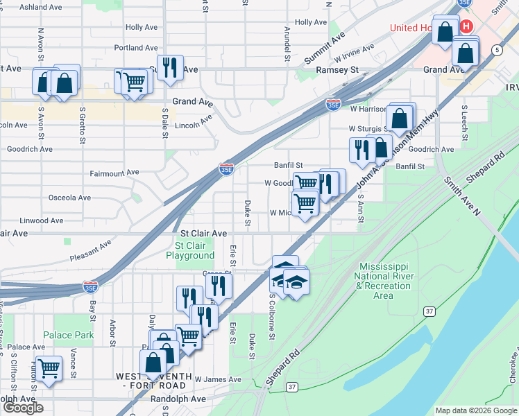 map of restaurants, bars, coffee shops, grocery stores, and more near 483 West Michigan Street in Saint Paul