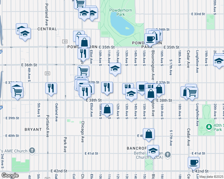 map of restaurants, bars, coffee shops, grocery stores, and more near 3712 12th Avenue South in Minneapolis