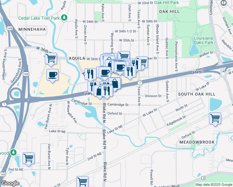 map of restaurants, bars, coffee shops, grocery stores, and more near 8221 Minnesota 7 in St. Louis Park
