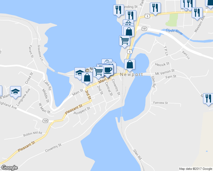 map of restaurants, bars, coffee shops, grocery stores, and more near 42 Central Street in Newport