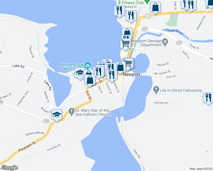 map of restaurants, bars, coffee shops, grocery stores, and more near 42 Central Street in Newport