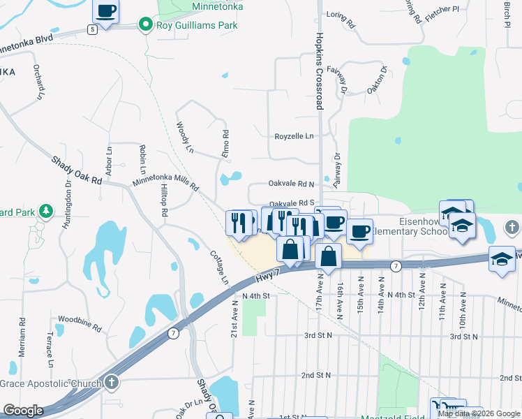 map of restaurants, bars, coffee shops, grocery stores, and more near 11417 Oakvale Road North in Minnetonka