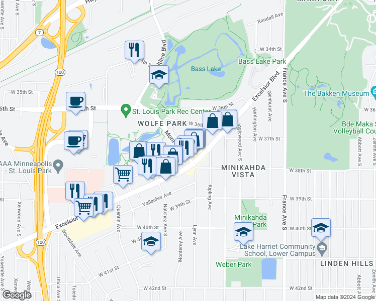 map of restaurants, bars, coffee shops, grocery stores, and more near 3743 Monterey Drive in Minneapolis