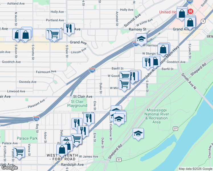 map of restaurants, bars, coffee shops, grocery stores, and more near 479 West Michigan Street in Saint Paul
