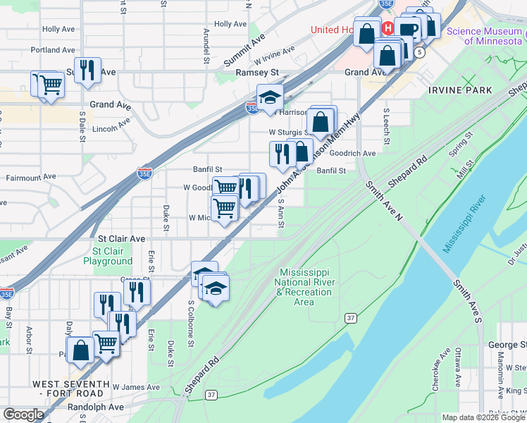 map of restaurants, bars, coffee shops, grocery stores, and more near 603 Minnesota 5 in Saint Paul