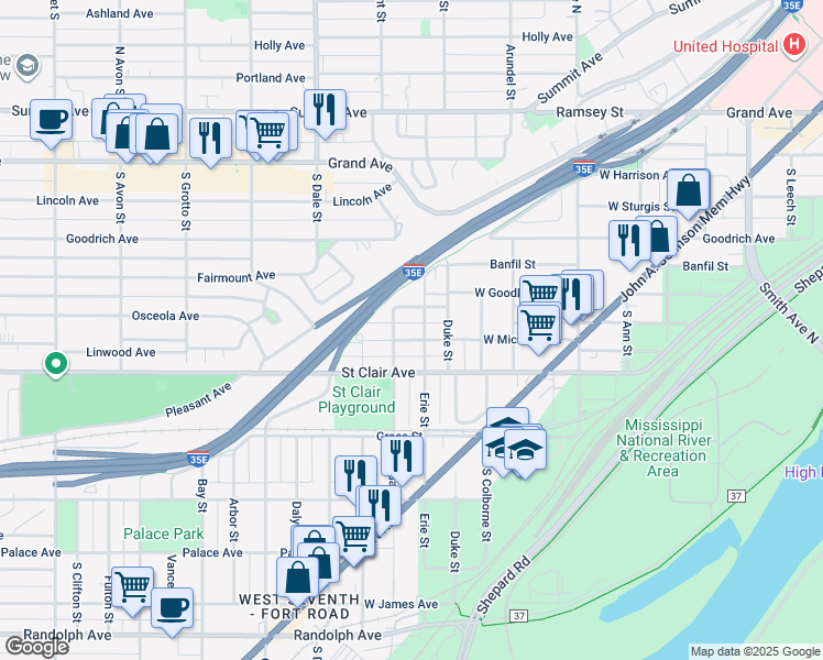 map of restaurants, bars, coffee shops, grocery stores, and more near 552 West Superior Street in Saint Paul
