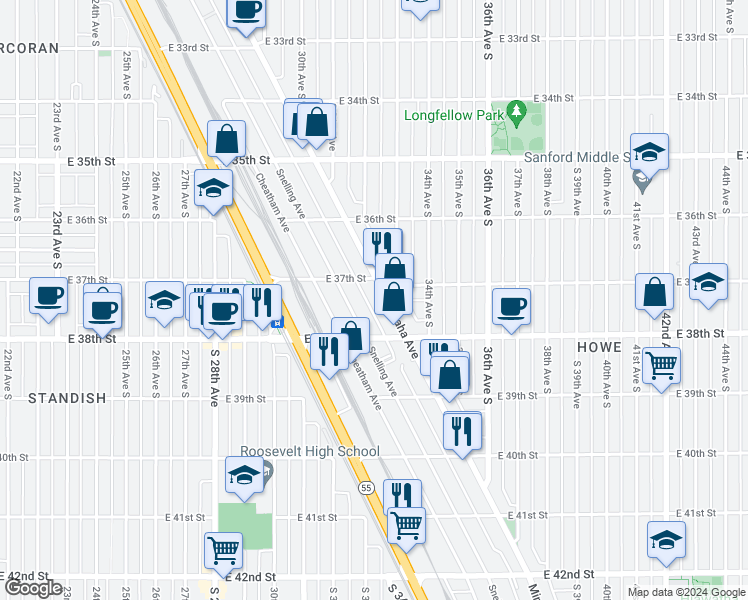 map of restaurants, bars, coffee shops, grocery stores, and more near in Minneapolis