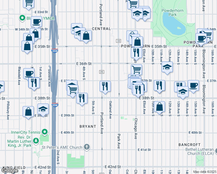 map of restaurants, bars, coffee shops, grocery stores, and more near 3709 Portland Avenue in Minneapolis
