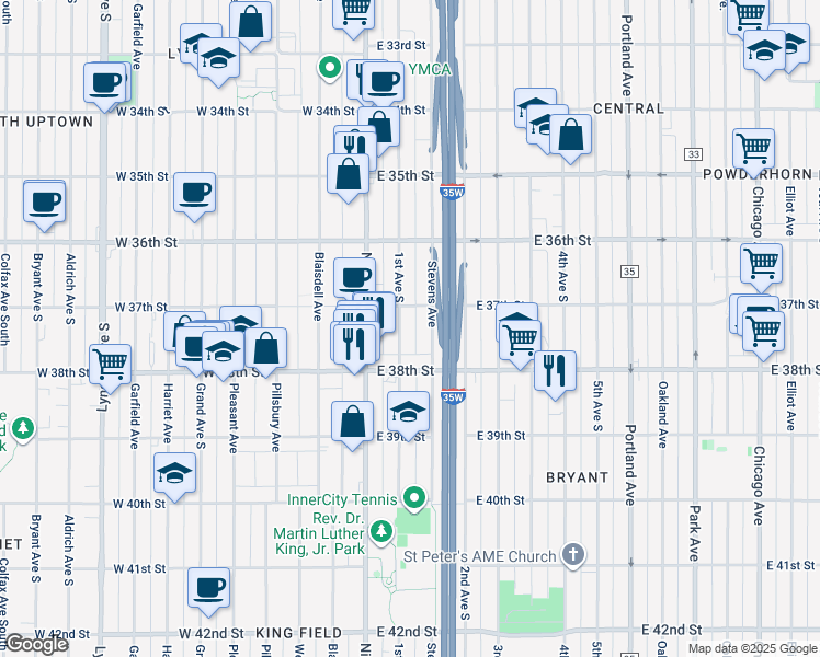 map of restaurants, bars, coffee shops, grocery stores, and more near 3711 1st Avenue South in Minneapolis