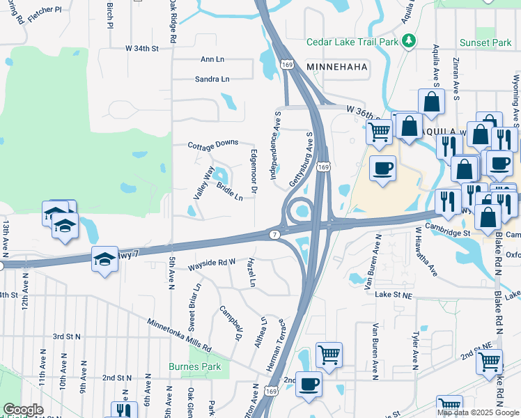 map of restaurants, bars, coffee shops, grocery stores, and more near 3720 Independence Avenue South in St. Louis Park