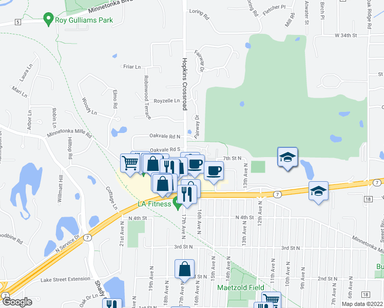 map of restaurants, bars, coffee shops, grocery stores, and more near 722 Robinwood Lane in Hopkins