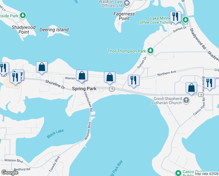 map of restaurants, bars, coffee shops, grocery stores, and more near 4349 Warren Avenue in Spring Park