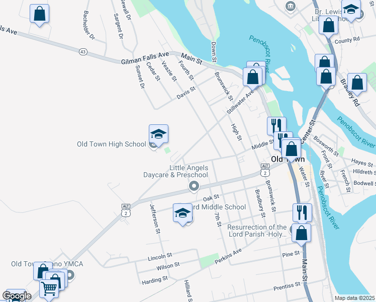 map of restaurants, bars, coffee shops, grocery stores, and more near 203 Stillwater Avenue in Old Town