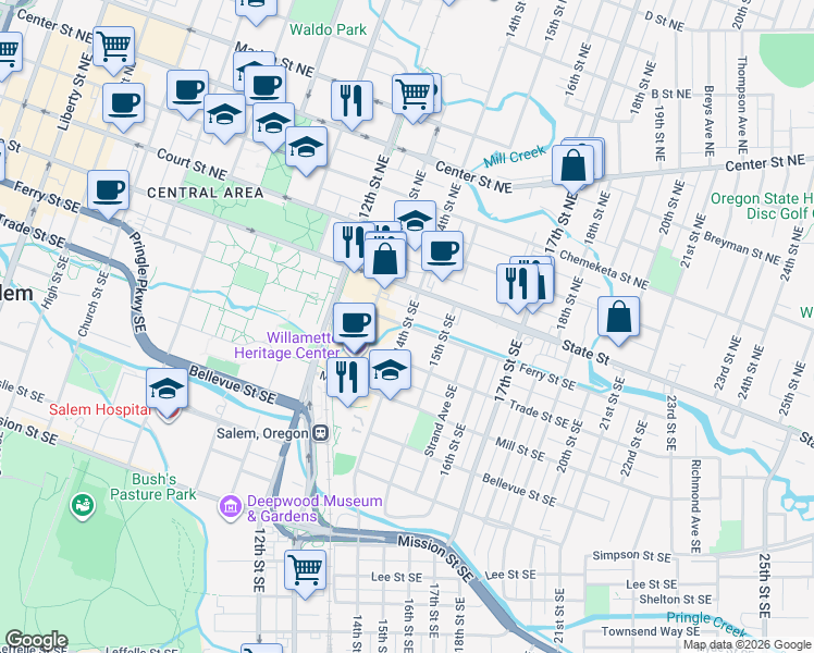 map of restaurants, bars, coffee shops, grocery stores, and more near Ferry St SE & 14th St SE in Salem
