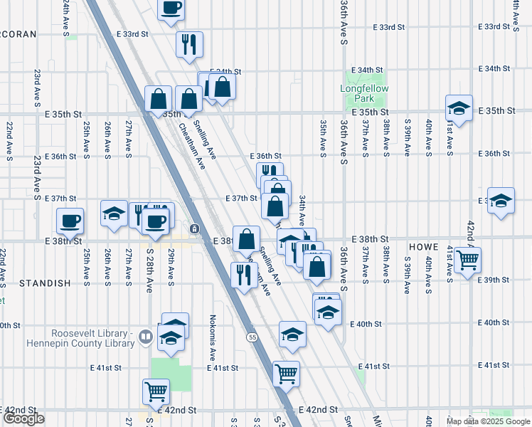map of restaurants, bars, coffee shops, grocery stores, and more near in Minneapolis