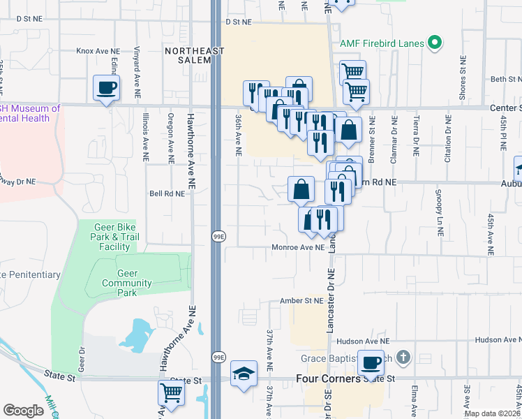 map of restaurants, bars, coffee shops, grocery stores, and more near 3720 Osborn Avenue Northeast in Salem