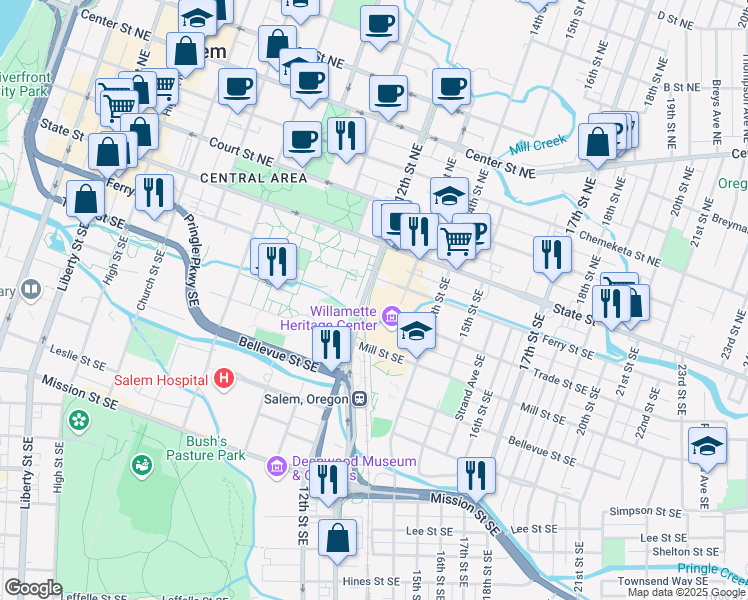 map of restaurants, bars, coffee shops, grocery stores, and more near 260 12th Street Southeast in Salem