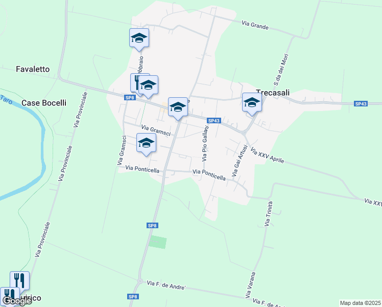 map of restaurants, bars, coffee shops, grocery stores, and more near 8 Via I° Maggio in Trecasali