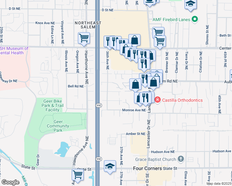 map of restaurants, bars, coffee shops, grocery stores, and more near 3710 Osborn Avenue Northeast in Salem