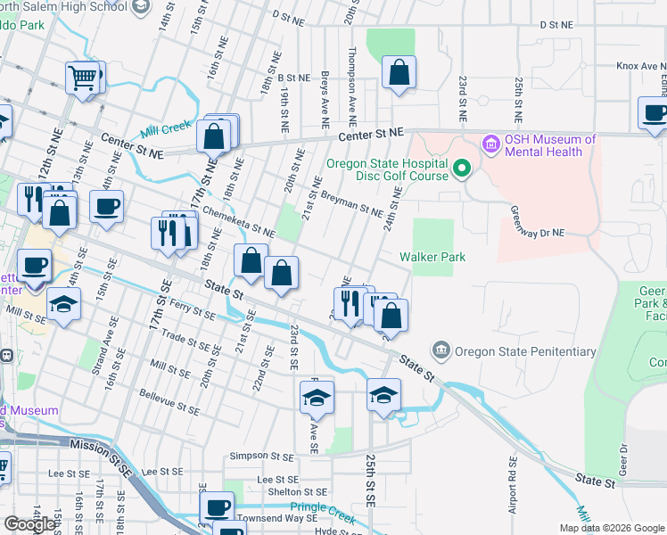 map of restaurants, bars, coffee shops, grocery stores, and more near 272 Laurine Street Northeast in Salem