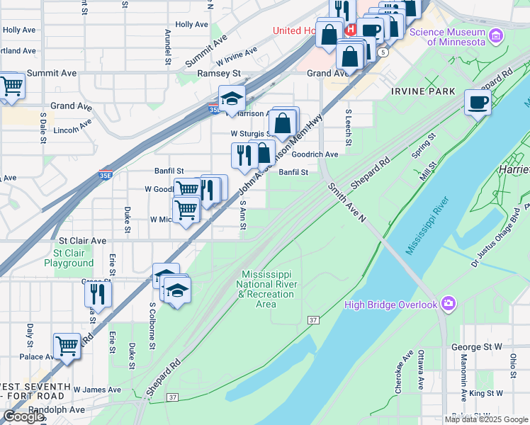 map of restaurants, bars, coffee shops, grocery stores, and more near 302 West Superior Street in Saint Paul