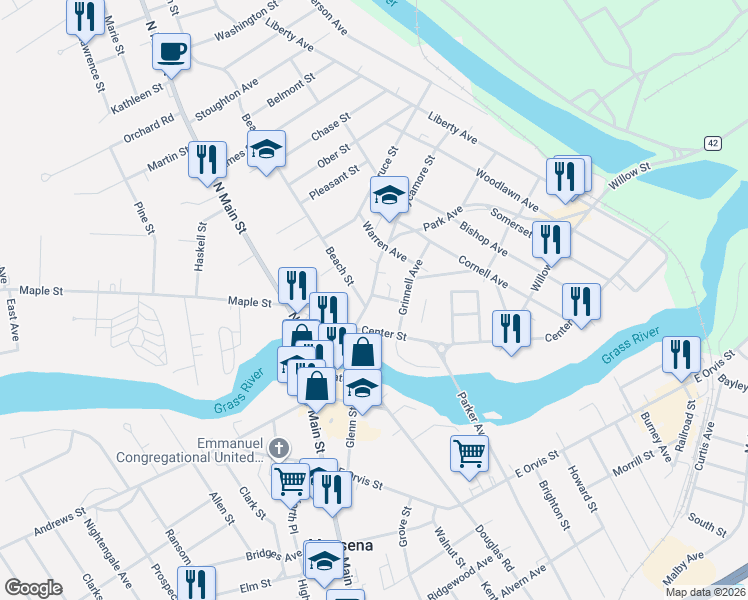 map of restaurants, bars, coffee shops, grocery stores, and more near 18 Park Ave in Massena