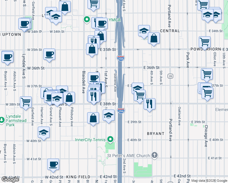 map of restaurants, bars, coffee shops, grocery stores, and more near 3711 1st Avenue South in Minneapolis