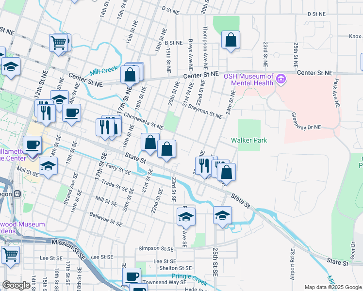 map of restaurants, bars, coffee shops, grocery stores, and more near 2163 Laurine Court Northeast in Salem