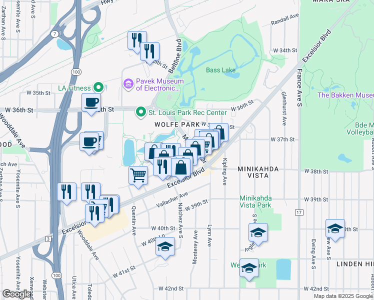 map of restaurants, bars, coffee shops, grocery stores, and more near 4530 Park Commons Drive in St. Louis Park