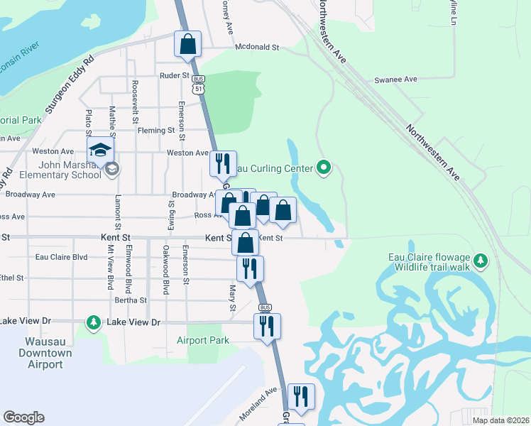 map of restaurants, bars, coffee shops, grocery stores, and more near 214 East Ross Avenue in Wausau