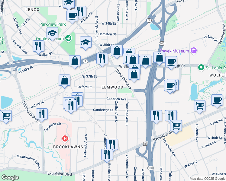 map of restaurants, bars, coffee shops, grocery stores, and more near in St. Louis Park