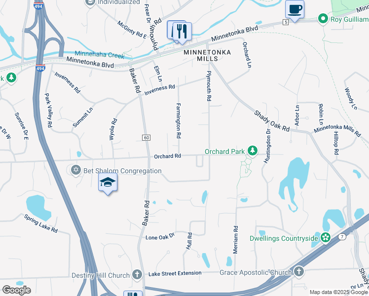 map of restaurants, bars, coffee shops, grocery stores, and more near 3739 Farmington Road in Minnetonka