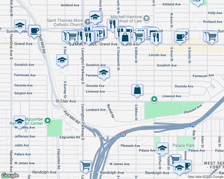 map of restaurants, bars, coffee shops, grocery stores, and more near 1003 Linwood Avenue in Saint Paul