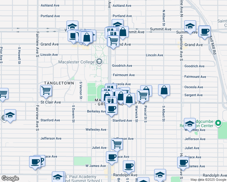 map of restaurants, bars, coffee shops, grocery stores, and more near 1569 Sargent Avenue in Saint Paul