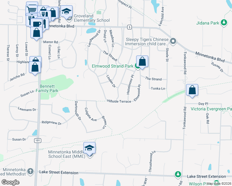 map of restaurants, bars, coffee shops, grocery stores, and more near 3724 Fairlawn Drive in Minnetonka