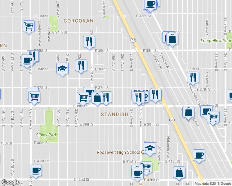 map of restaurants, bars, coffee shops, grocery stores, and more near 3715 25th Avenue South in Minneapolis