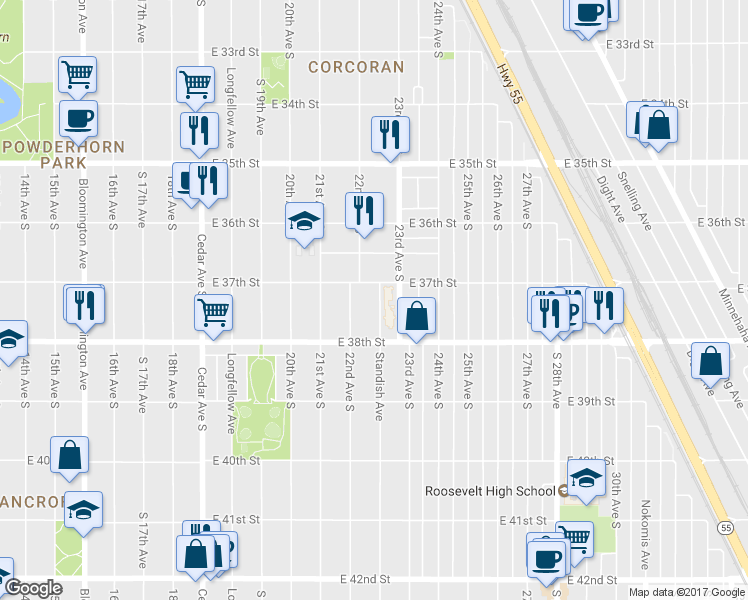 map of restaurants, bars, coffee shops, grocery stores, and more near 3710 Standish Avenue in Minneapolis