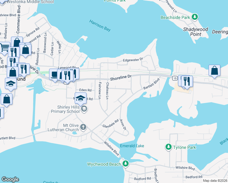 map of restaurants, bars, coffee shops, grocery stores, and more near 5063 Woodridge Road in Mound