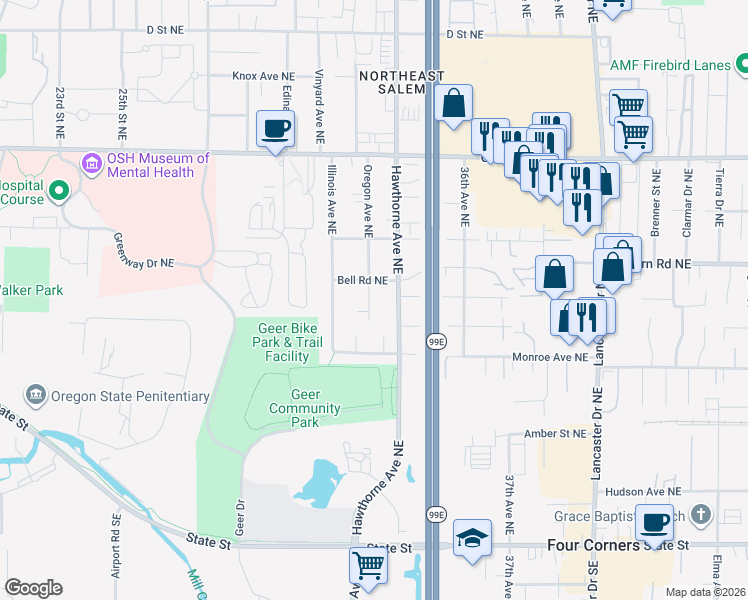 map of restaurants, bars, coffee shops, grocery stores, and more near 476 Oregon Avenue Northeast in Salem