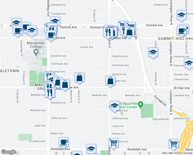 map of restaurants, bars, coffee shops, grocery stores, and more near 1391 Sargent Avenue in Saint Paul