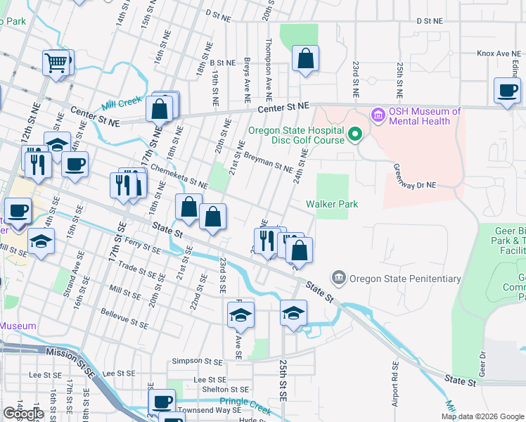 map of restaurants, bars, coffee shops, grocery stores, and more near 295 23rd Street Southeast in Salem