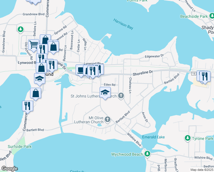 map of restaurants, bars, coffee shops, grocery stores, and more near 5285 Eden Road in Mound