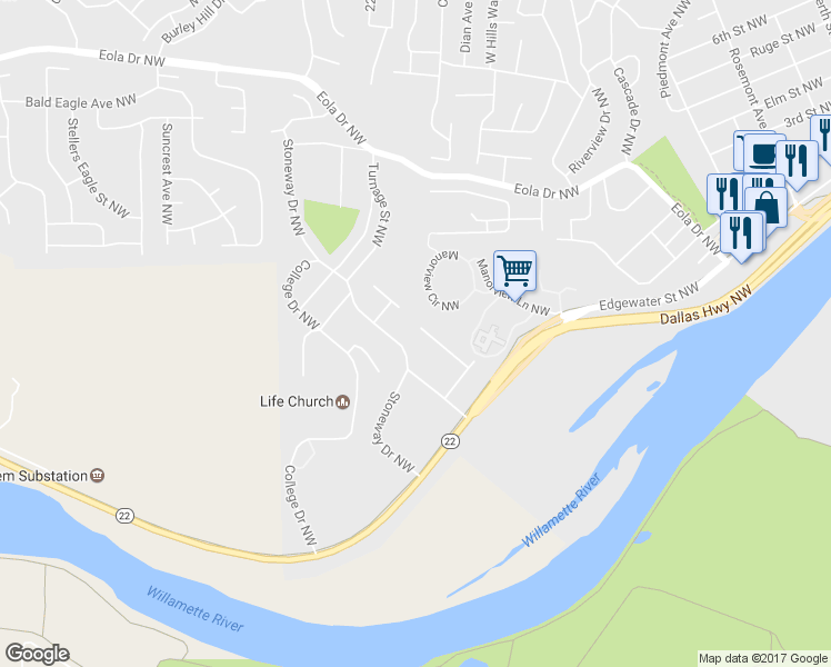 map of restaurants, bars, coffee shops, grocery stores, and more near 247 Paradise Court Northwest in Salem