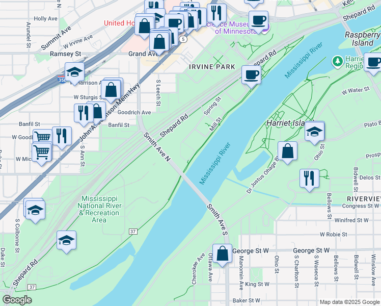 map of restaurants, bars, coffee shops, grocery stores, and more near 200 Wilkin Street in Saint Paul
