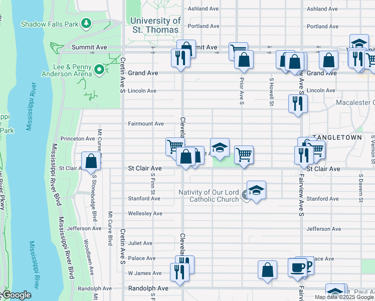 map of restaurants, bars, coffee shops, grocery stores, and more near 207 Cleveland Avenue South in Saint Paul