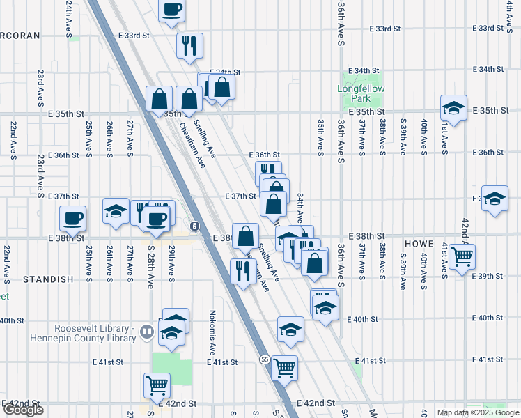 map of restaurants, bars, coffee shops, grocery stores, and more near in Minneapolis