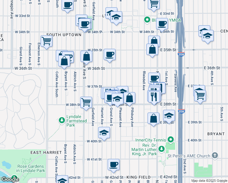 map of restaurants, bars, coffee shops, grocery stores, and more near 3710 Pleasant Avenue in Minneapolis