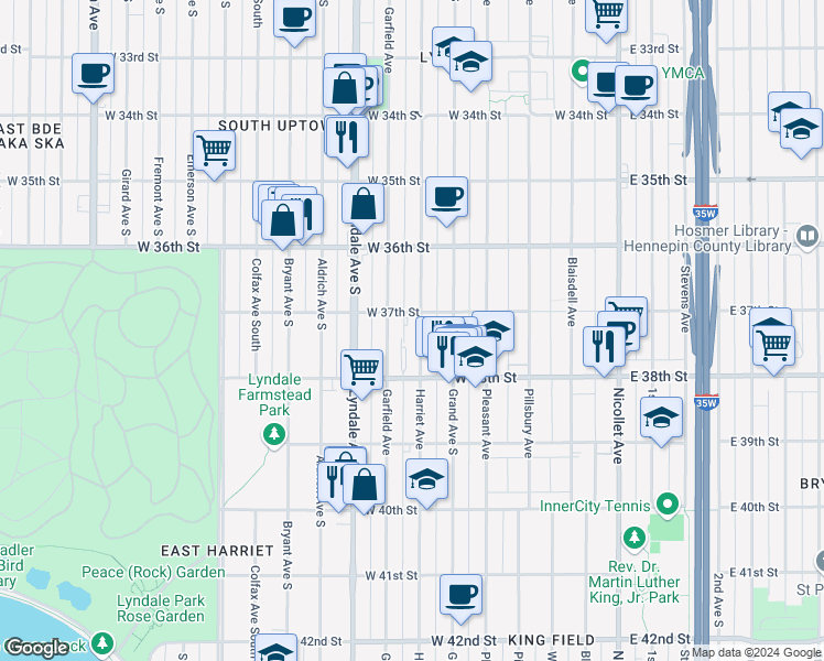 map of restaurants, bars, coffee shops, grocery stores, and more near 3709 Garfield Avenue in Minneapolis