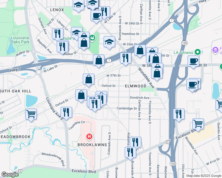 map of restaurants, bars, coffee shops, grocery stores, and more near 6221 Oxford Street in St. Louis Park