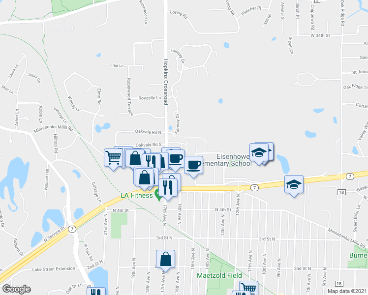 map of restaurants, bars, coffee shops, grocery stores, and more near 722 Robinwood Lane in Hopkins